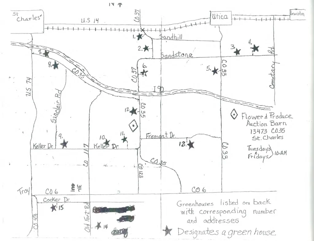 Complete list of 15 Amish greenhouse names and addresses near St. Charles MN Winona County. Amish greenhouse map St. Charles MN