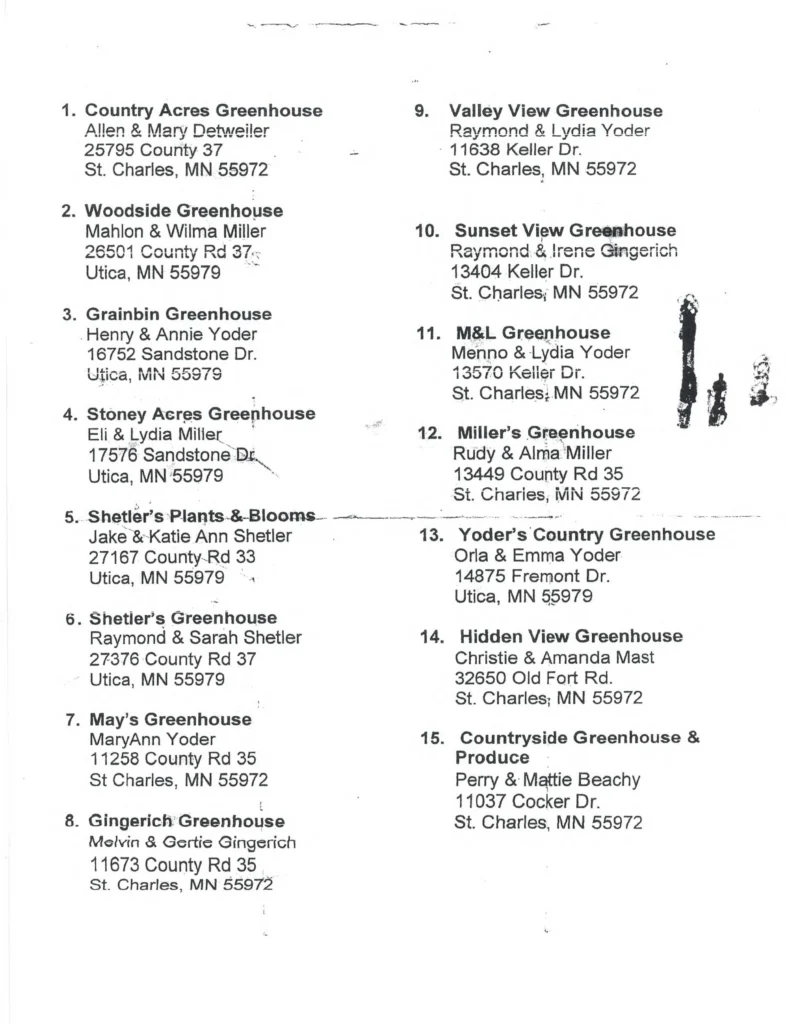 Complete list of 15 Amish greenhouse names and addresses near St. Charles MN Winona County. Amish community St. Charles Minnesota