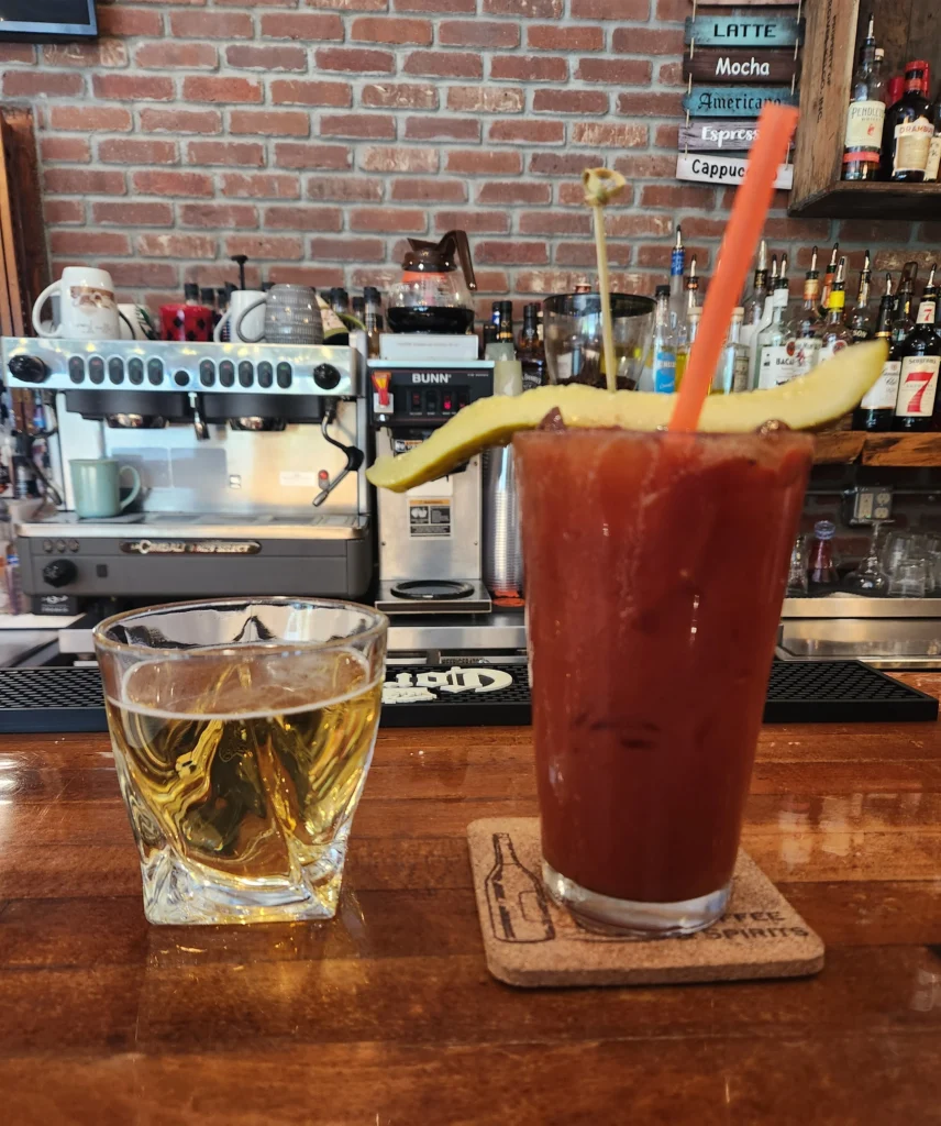Bloody Mary with beer chaser at Elba House Coffee and Spirits in Elba Minnesota on bar counter