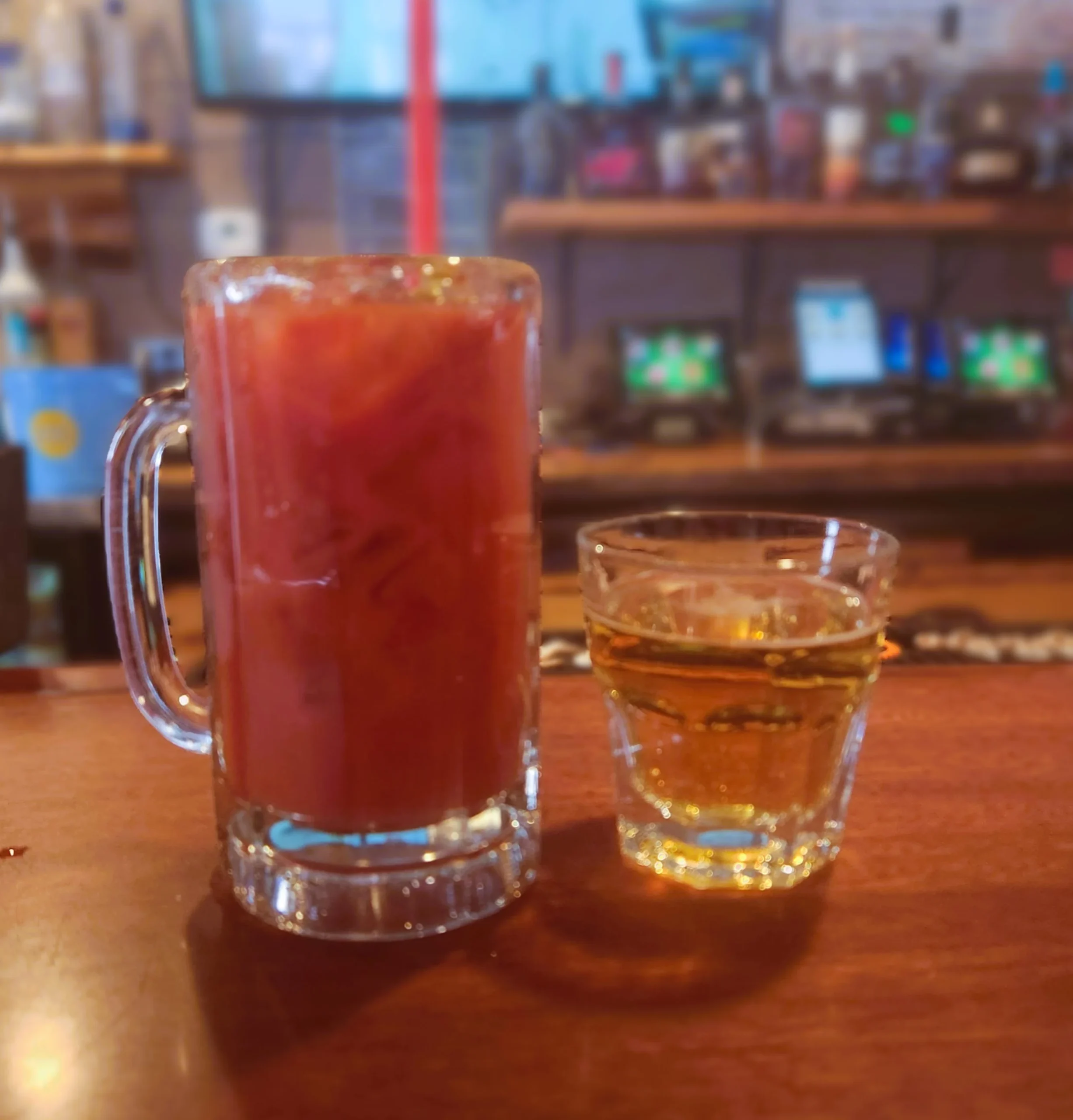 Bloody Mary with beer chaser at Tonys Saloon in Elba Minnesota on bar counter