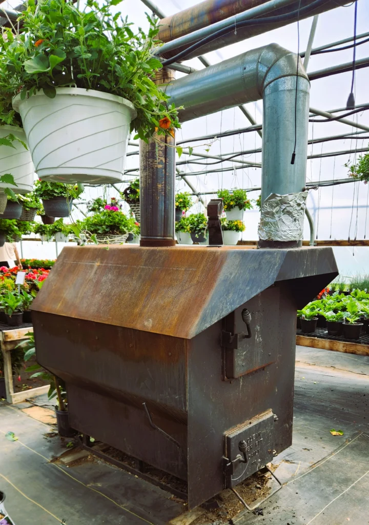 Wood burning stove heating an Amish greenhouse in Minnesota with hanging baskets overhead