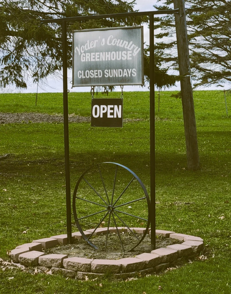 Yoder's Country Greenhouse open sign with wagon wheel near St. Charles MN. Amish greenhouses St. Charles MN