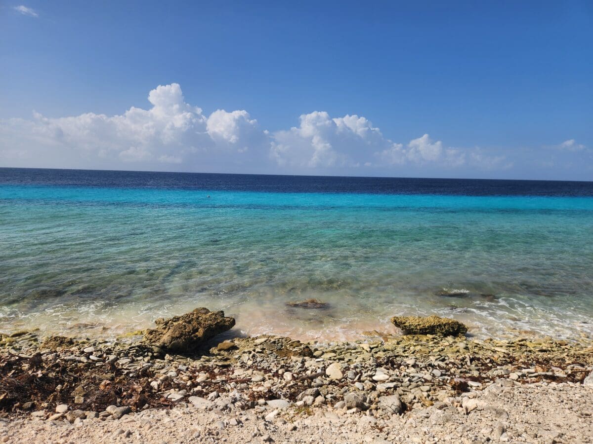 Rocky shoreline and turquoise water at a quiet beach in Bonaire – serene Caribbean island escape. Cruise to ABC Islands