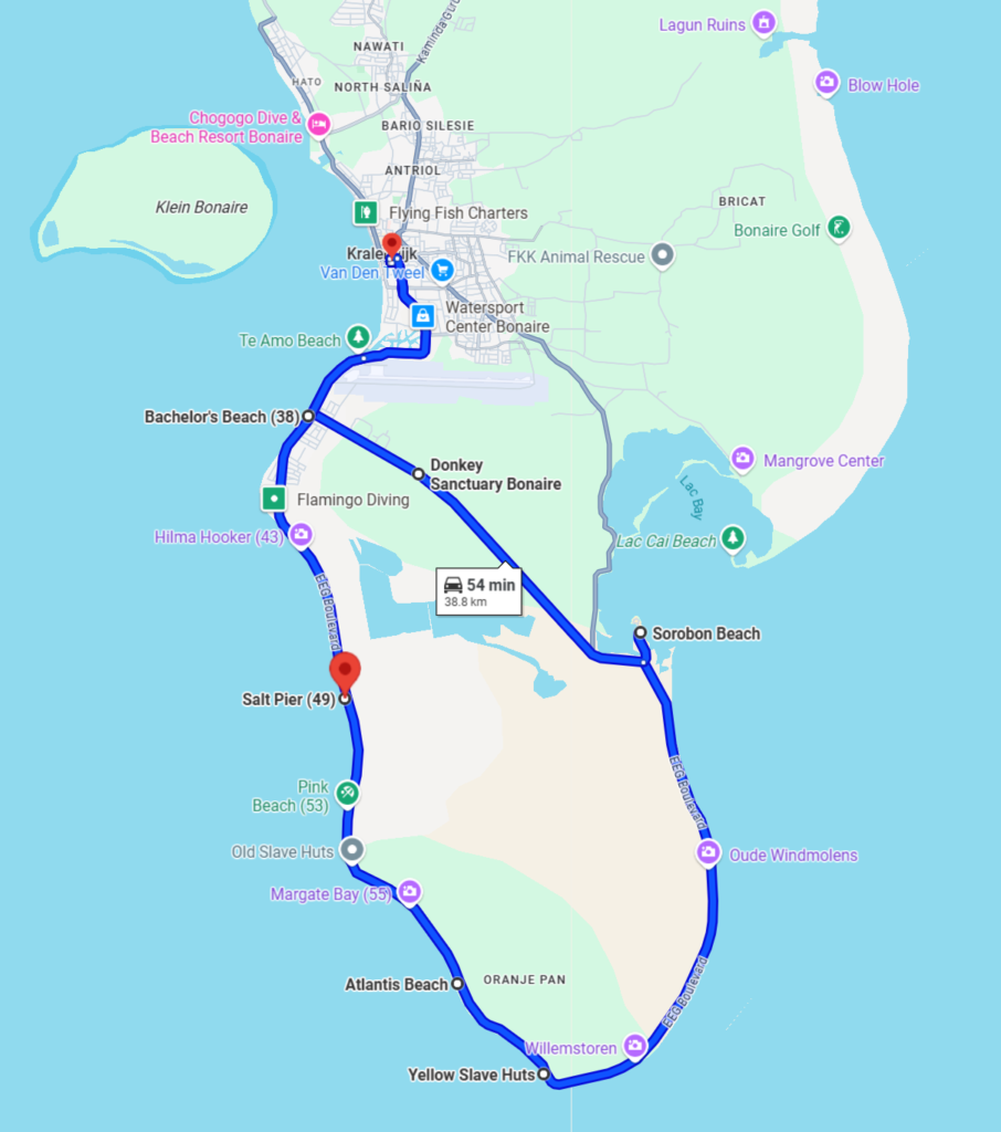 Map of southern Bonaire golf cart route highlighting cruise-friendly sightseeing loop and coastal stops