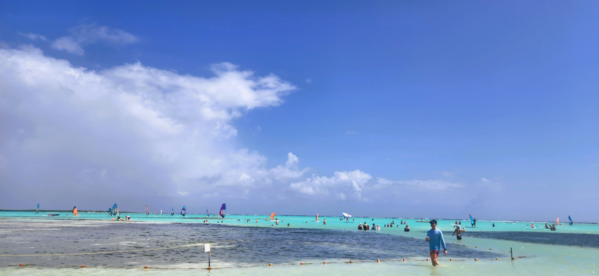 Sorobon Beach in Bonaire with turquoise water and windsurfers – serene Caribbean escape in the Dutch Antilles