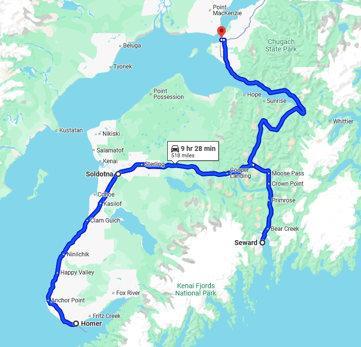 Map. Anchorage, Seward, Homer, Soldotna, Anchorage  Alaska Trip Itinerary