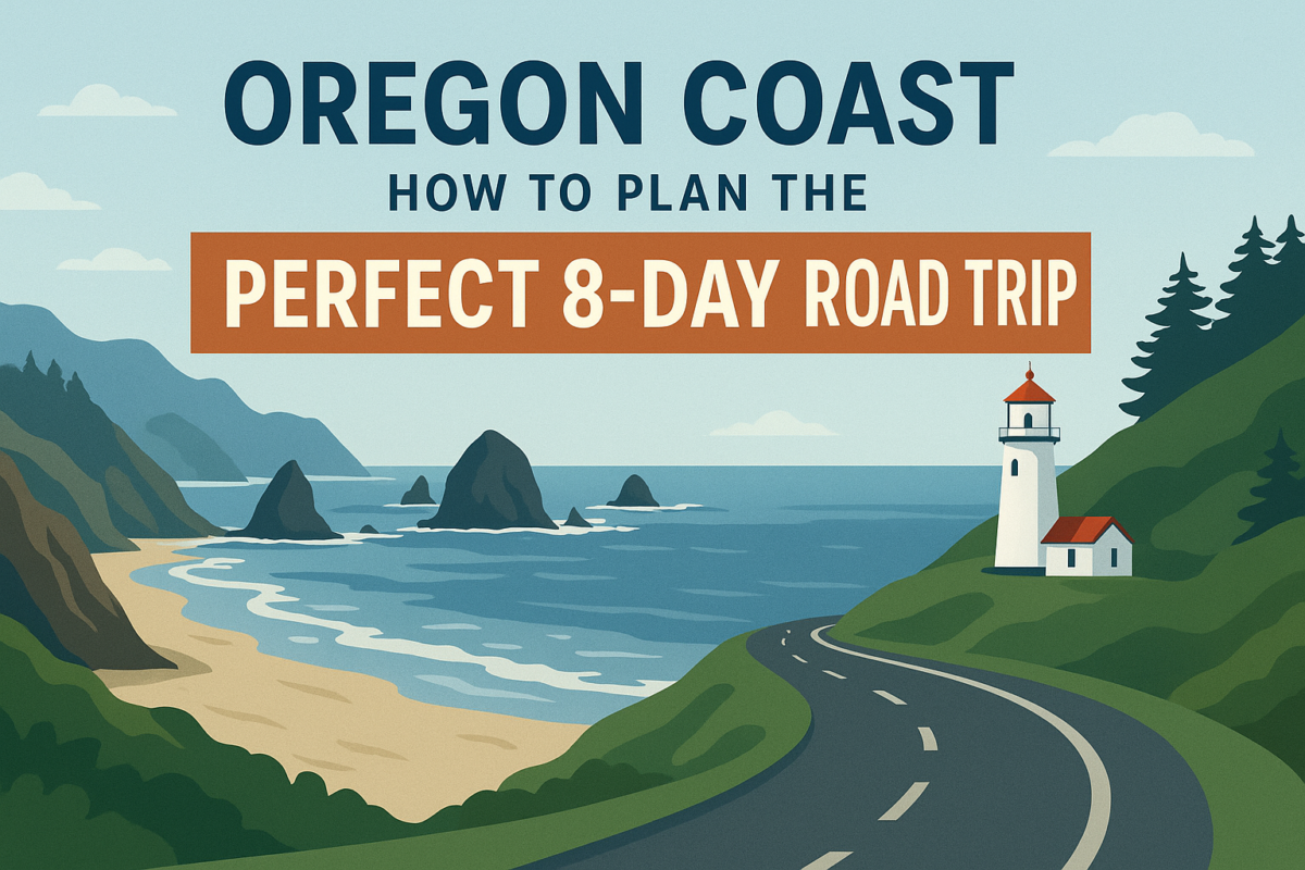 Oregon Coast road trip feature image with lighthouse, coastal cliffs, sea stacks, and Highway 101 promoting 8-day travel itinerary