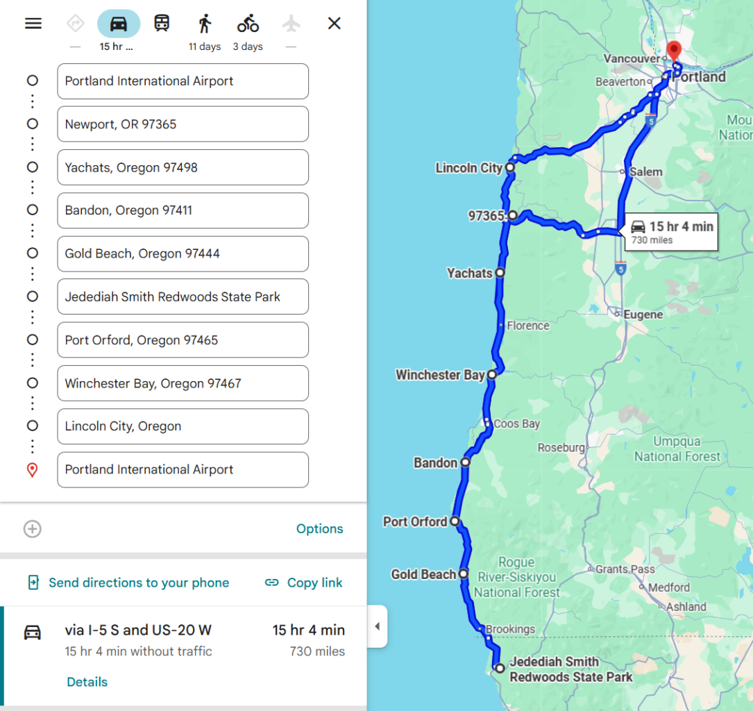 Oregon Coast 8-day road trip map showing route from Portland to Newport, Yachats, Bandon, Gold Beach, Port Orford, Winchester Bay, Lincoln City, and the California Redwoods.