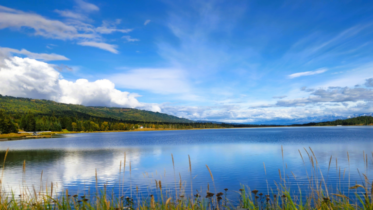 Scenic view of Beluga Lake in Homer, Alaska with clear skies and mountain reflections