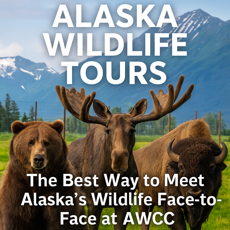 Brown bear, moose, and bison standing in front of Alaska’s snow-capped mountains with text overlay reading “Alaska Wildlife Tours: The Best Way to Meet Alaska’s Wildlife Face-to-Face at AWCC.”