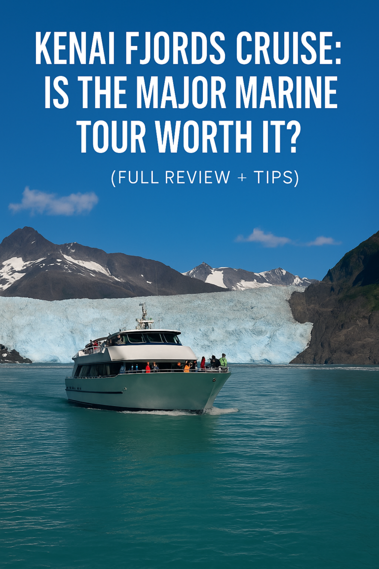 Tour boat cruising near a glacier in Kenai Fjords National Park during a Major Marine Tours excursion from Seward, Alaska.