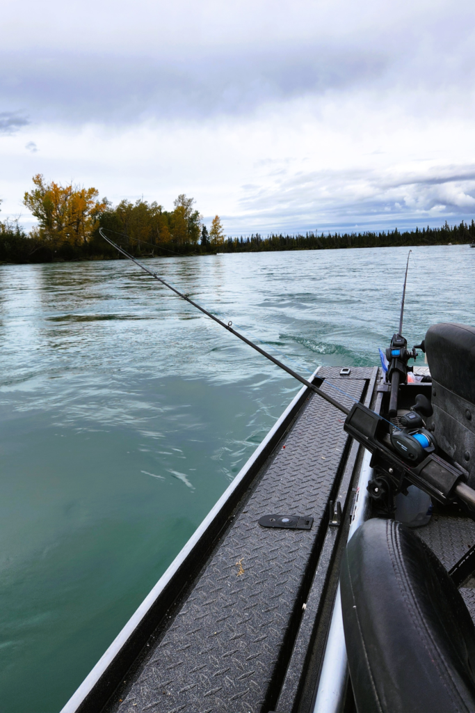 Fishing rods set up on a King of the River boat during a guided fishing trip on Alaska’s Kenai River