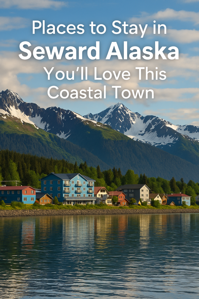 Colorful waterfront lodges and hotels in Places to Stay in Seward Alaska , backed by snow-capped mountains and calm coastal waters.