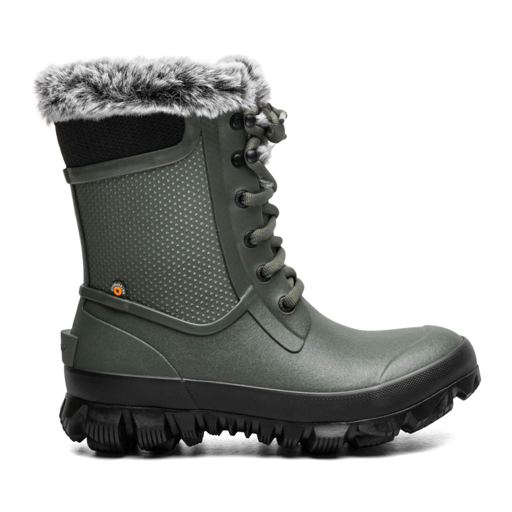 Bogs Arcata Winter Boots in green with faux-fur collar and rugged outsole