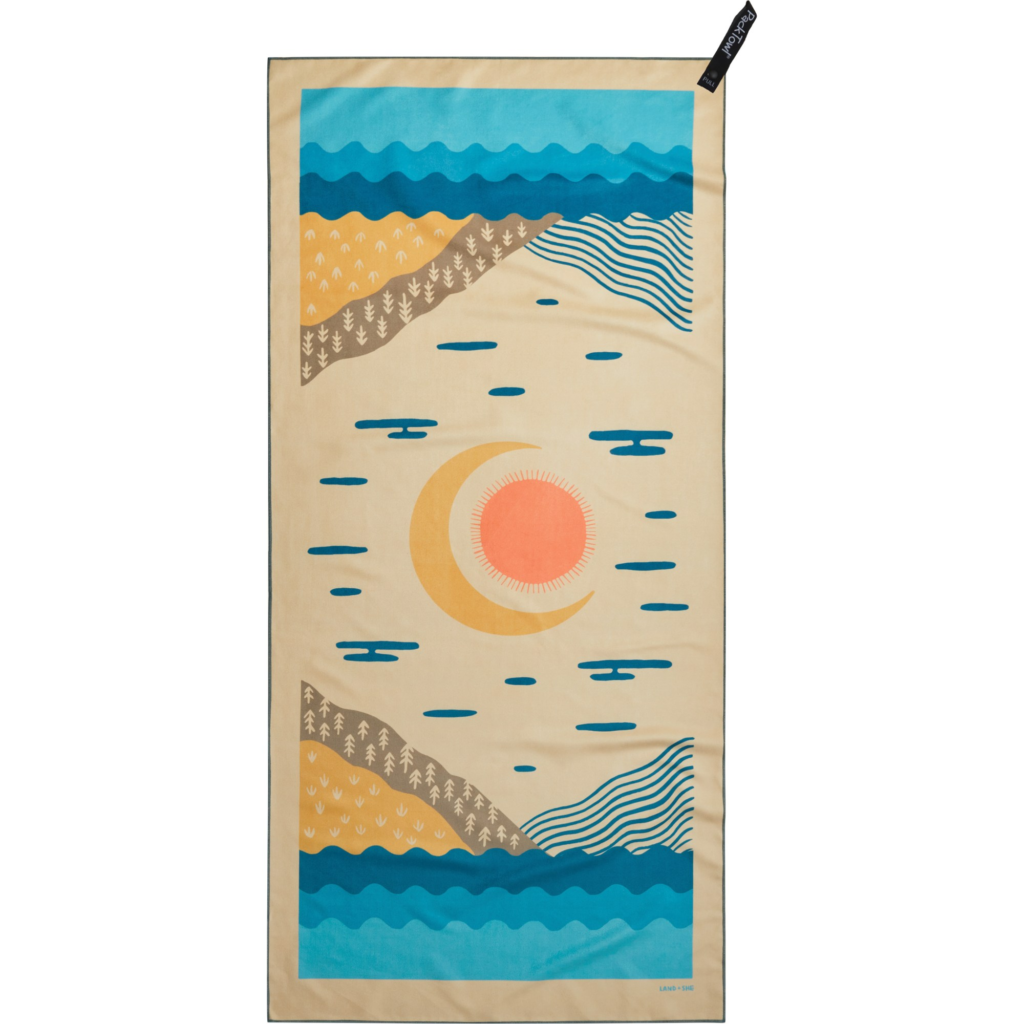 PackTowl Personal Towel with beach and sunset design for travel and camping