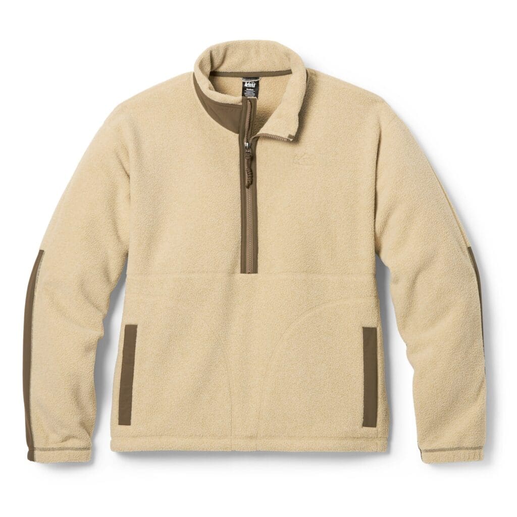 REI Campwell Fleece Pullover in tan — warm winter quarter-zip fleece for hiking and cold-weather travel