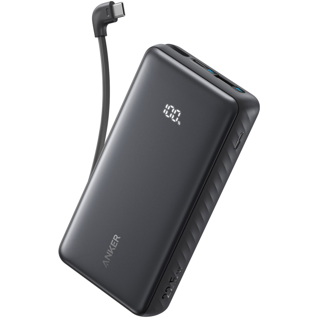 Portable travel power bank with fast-charging capability for phones and devices.