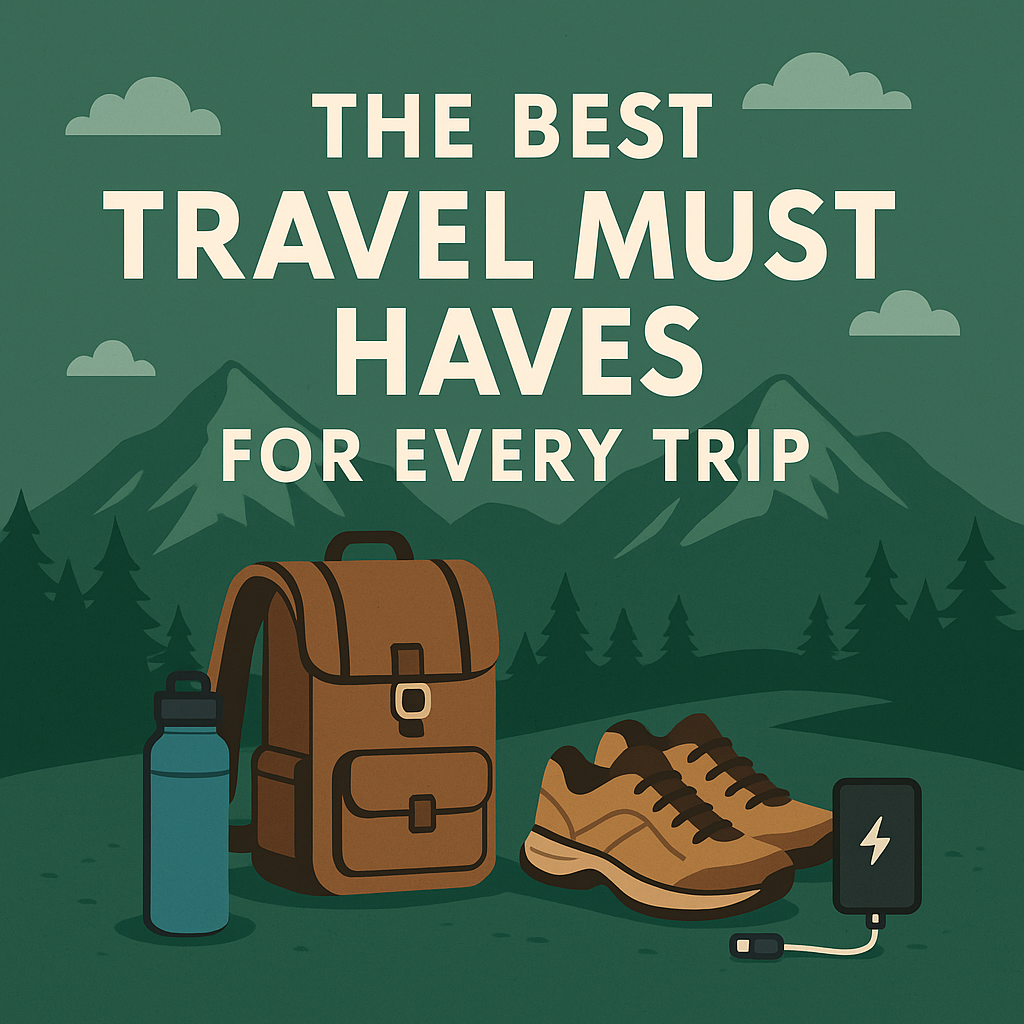 Illustrated travel gear graphic featuring a backpack, shoes, water bottle, and power bank with the title “The Best Travel Must Haves for Every Trip.”