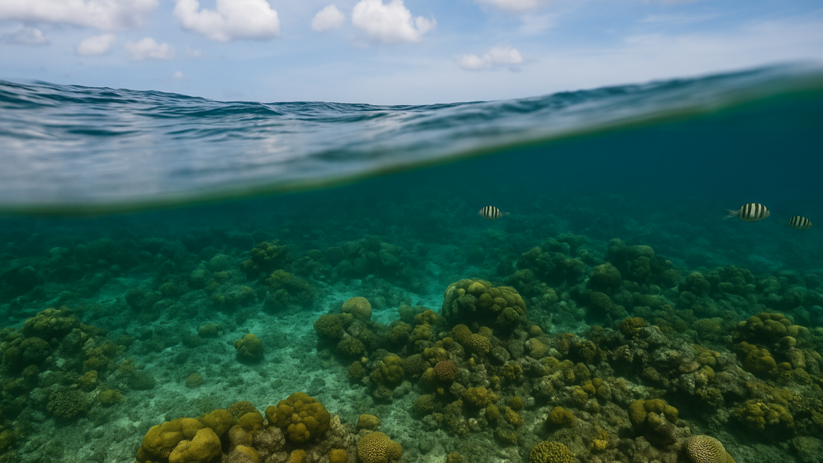 Half-underwater view of a coral reef in Aruba with clear turquoise water and fish swimming below the surface