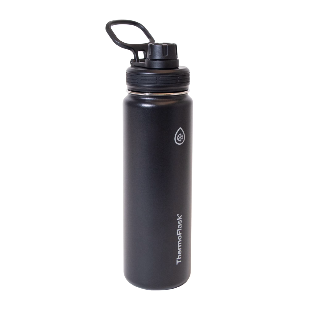 ThermoFlask 24-ounce insulated water bottle that fits in cupholders and backpacks.