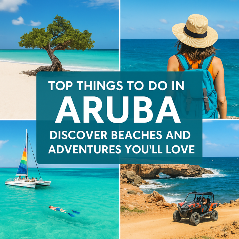 Collage featuring Aruba beaches, a divi-divi tree, sailing, snorkeling, and off-road adventure with text “Top Things to Do in Aruba.”