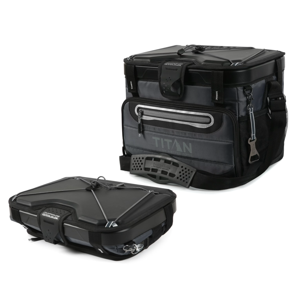 Travel Must Haves. Titan collapsible travel cooler packed for a road trip, showing its foldable design and durable build