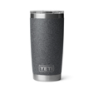 Stainless steel Yeti Rambler travel tumbler used for keeping drinks hot or cold on road trips.