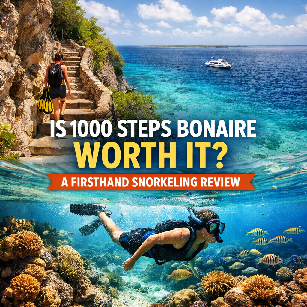 Snorkeling at 1000 Steps Bonaire with cliffside steps and clear blue water