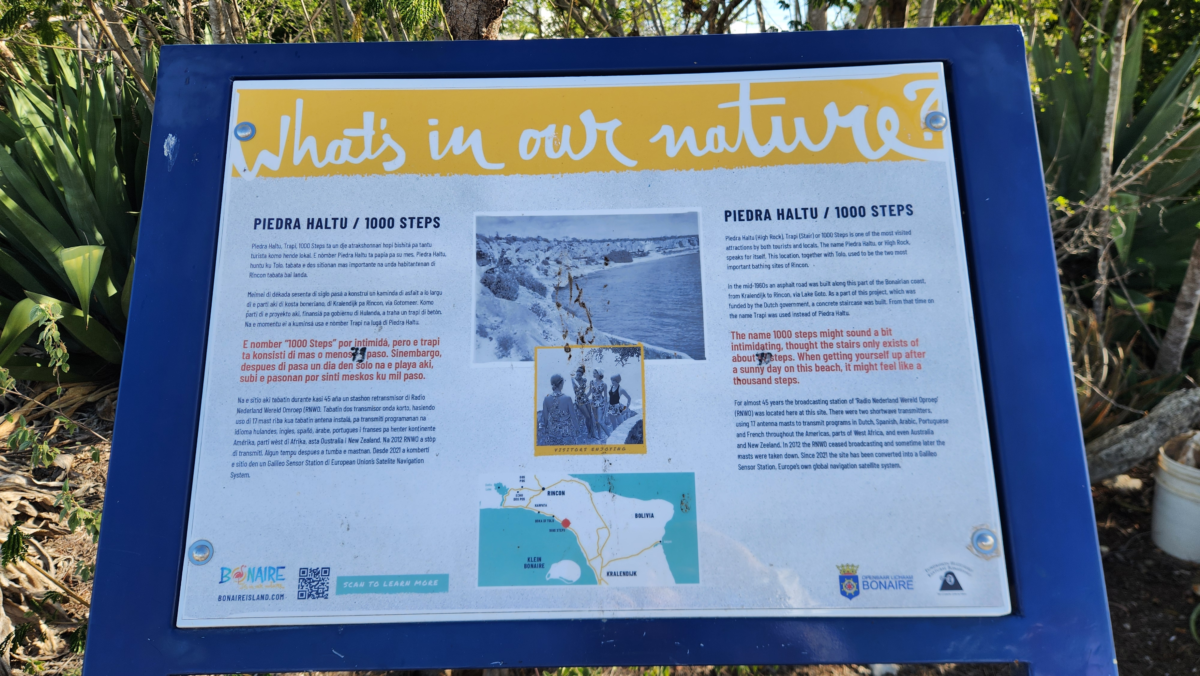 Informational sign explaining the history of 1000 Steps Bonaire. is 1000 steps Bonaire worth it