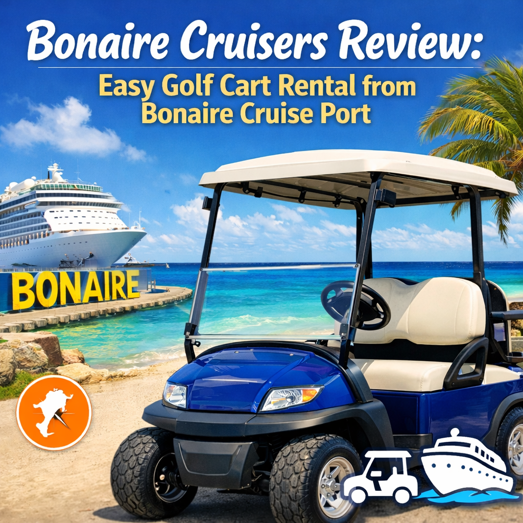 Golf cart parked near the Bonaire cruise port with ocean and cruise ship in the background