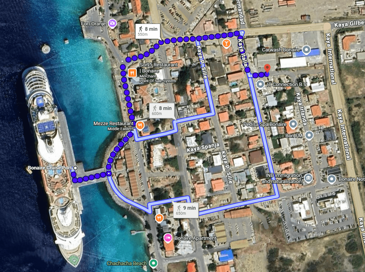 Walking map from Bonaire cruise port to Bonaire Cruisers golf cart rental