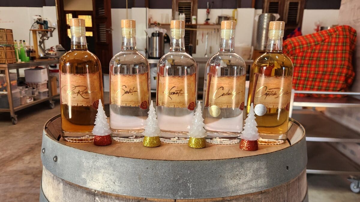 Cadushy Distillery Spirits Selection - Dohrn Travels Bottled spirits lineup at The Cadushy Distillery in Bonaire