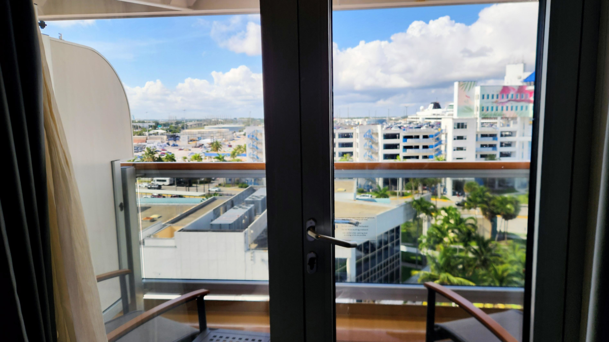 Holland America Rotterdam Verandah Cabin Balcony View - Dohrn Travels Balcony view from Holland America Rotterdam Verandah cabin overlooking port