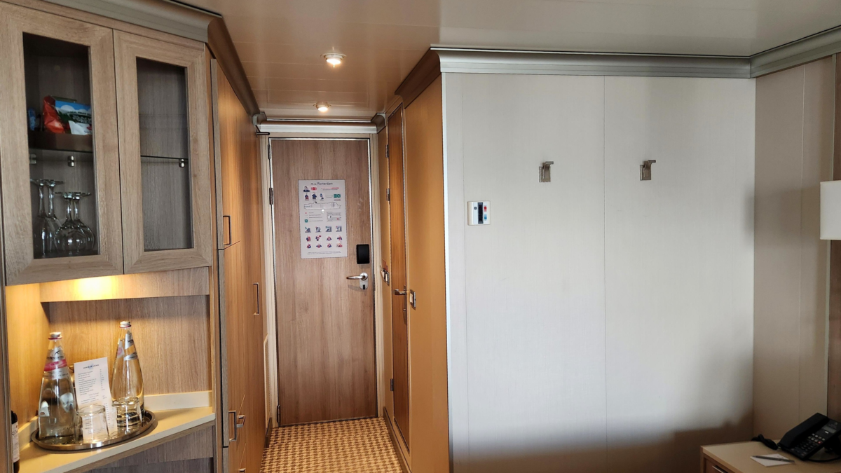 Holland America Rotterdam Cabin Entryway - Dohrn Travels Entryway and storage area inside Holland America Rotterdam Verandah cabin