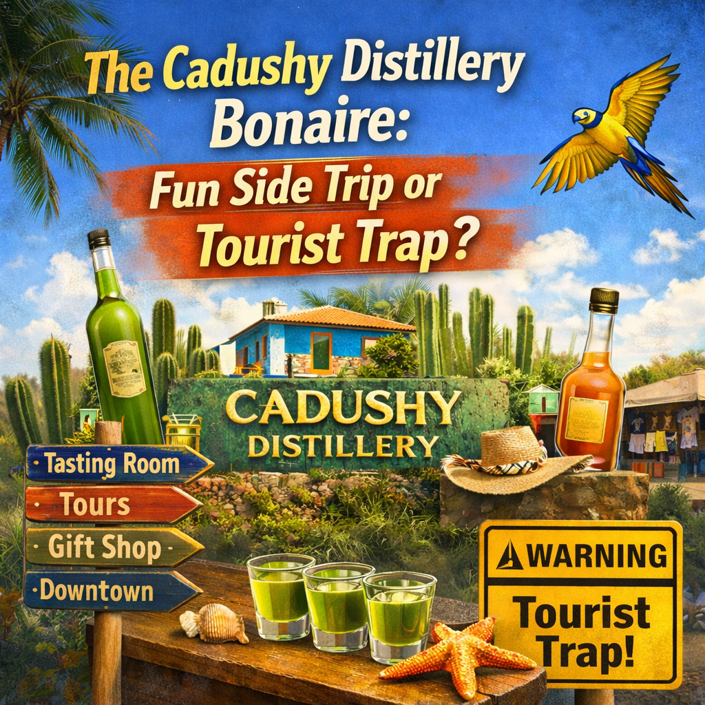 Feature image for a firsthand review of The Cadushy Distillery in Bonaire, highlighting tastings, tours, and the distillery’s cactus-based liquor experience.