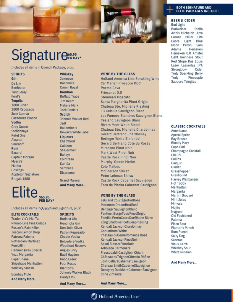 Holland America Signature and Elite Beverage Package drink list including spirits, wine, beer, and classic cocktails. Is Holland America Have It All worth it