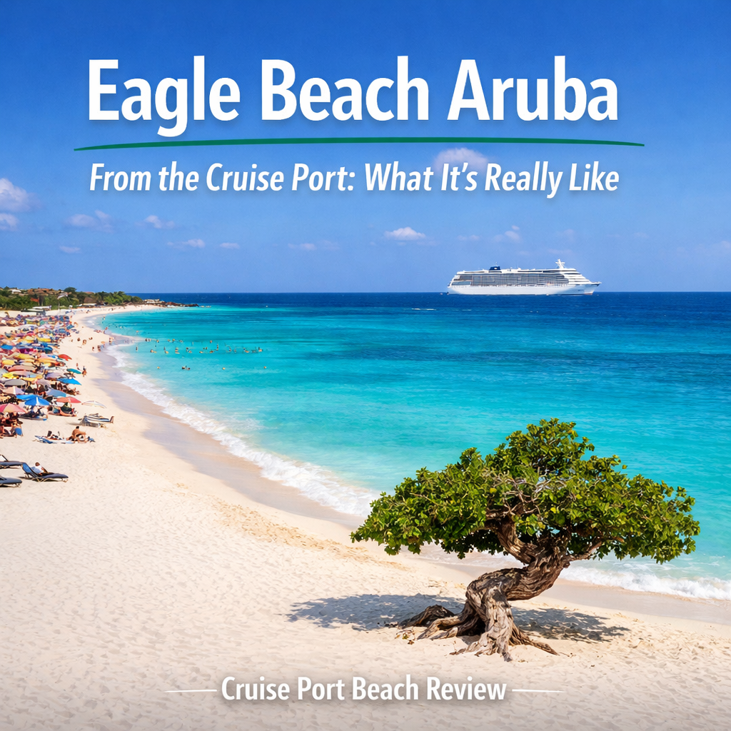 Eagle Beach Aruba cruise port beach review with Divi tree and clear blue water