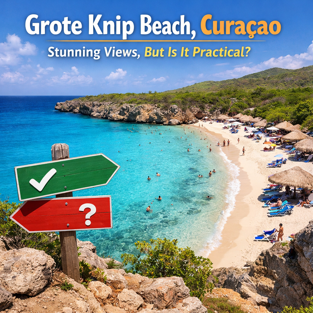 Grote Knip Beach Curacao overview showing turquoise water, sandy beach, and cliffside viewpoint