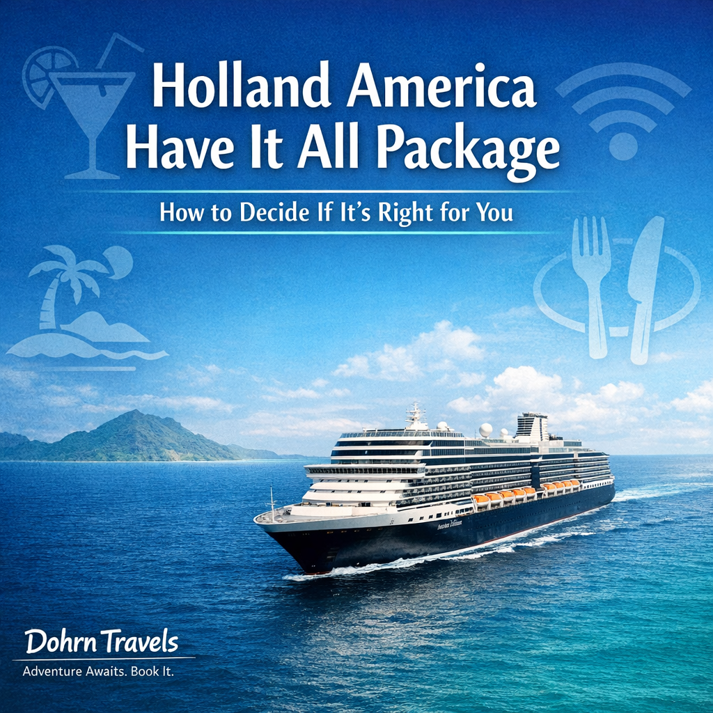 Holland America cruise ship graphic representing the Have It All package cost breakdown and savings calculator