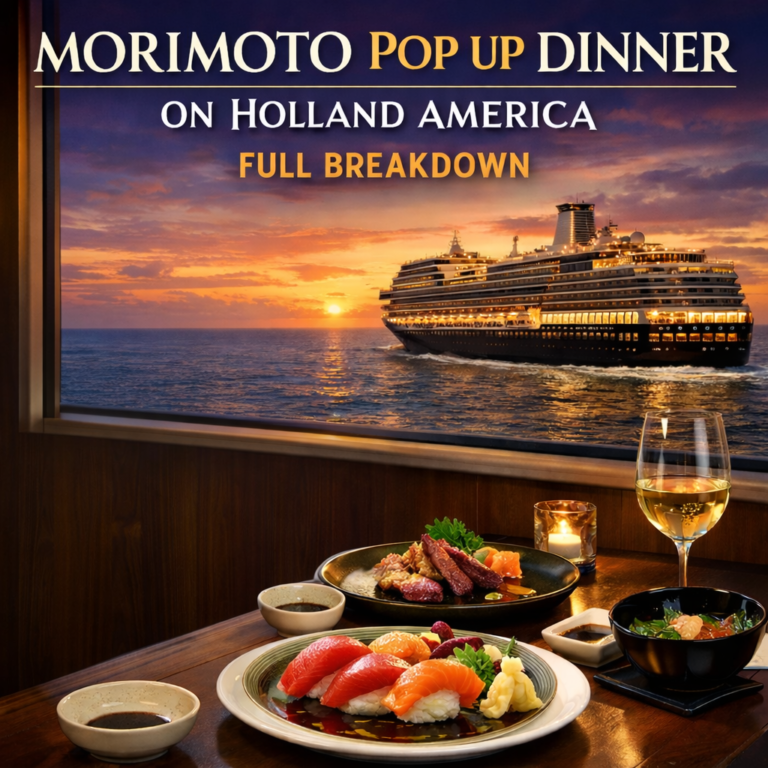 Morimoto Pop Up Dinner on Holland America feature image with cruise ship and sushi