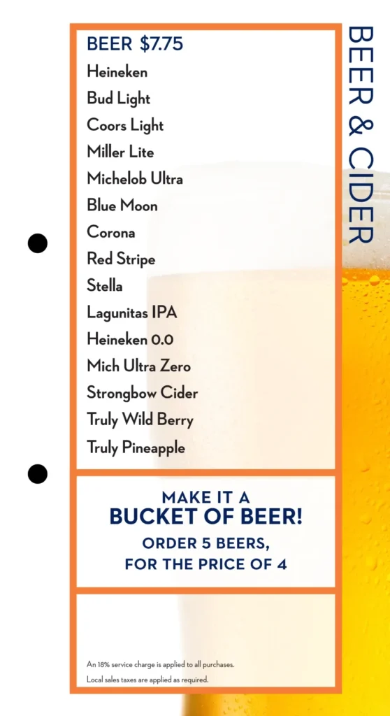 Holland America poolside bar beer and cider menu with prices