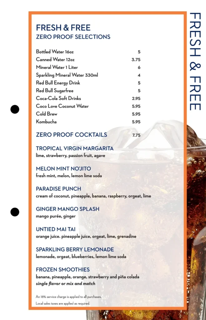 Holland America zero proof drinks and bottled water prices at poolside bar