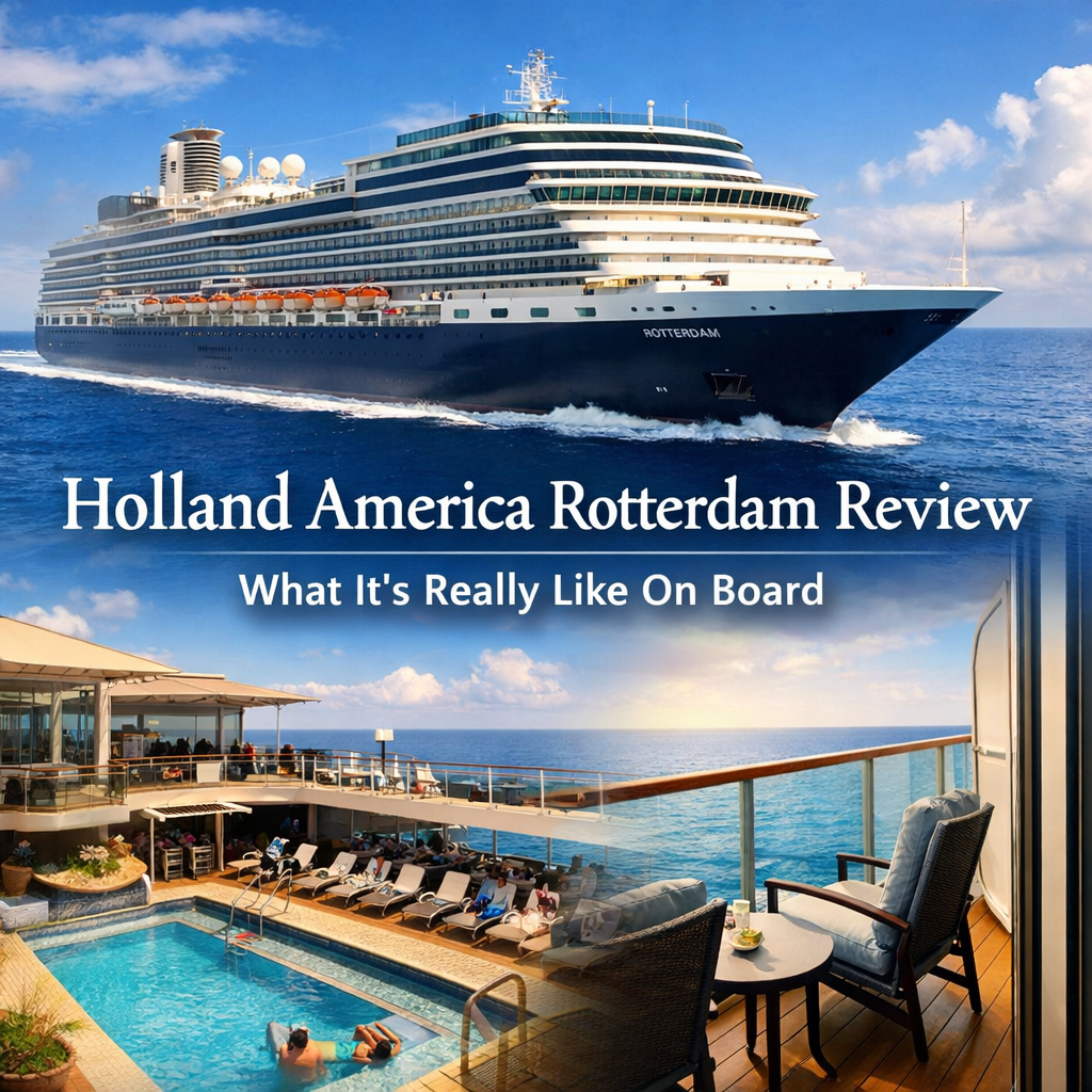 Holland America Rotterdam Review – Full Ship Breakdown - Dohrn Travels Holland America Rotterdam review featuring ship exterior and pool deck balcony view