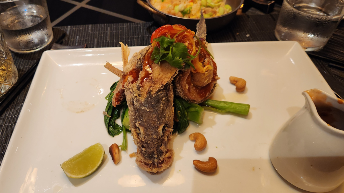 Whole fried fish entrée served at the Morimoto Pop Up Dinner on Holland America