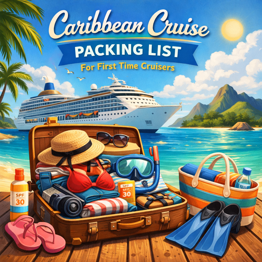 Caribbean cruise packing essentials laid out in an open suitcase including snorkel mask, sun hat, sunscreen, and beach bag on a dock with cruise ship in background