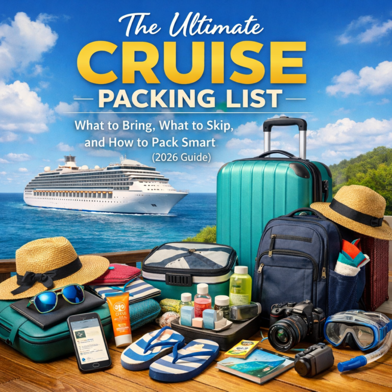 cruise packing list feature image with luggage travel essentials and cruise ship