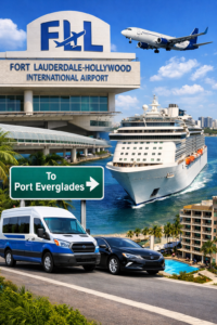 Fort Lauderdale Airport to Cruise Port transportation guide showing shuttle taxi and cruise ship at Port Everglades