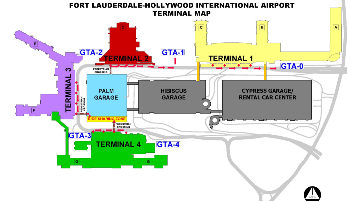 Fort Lauderdale Airport terminal map showing terminals and transportation areas