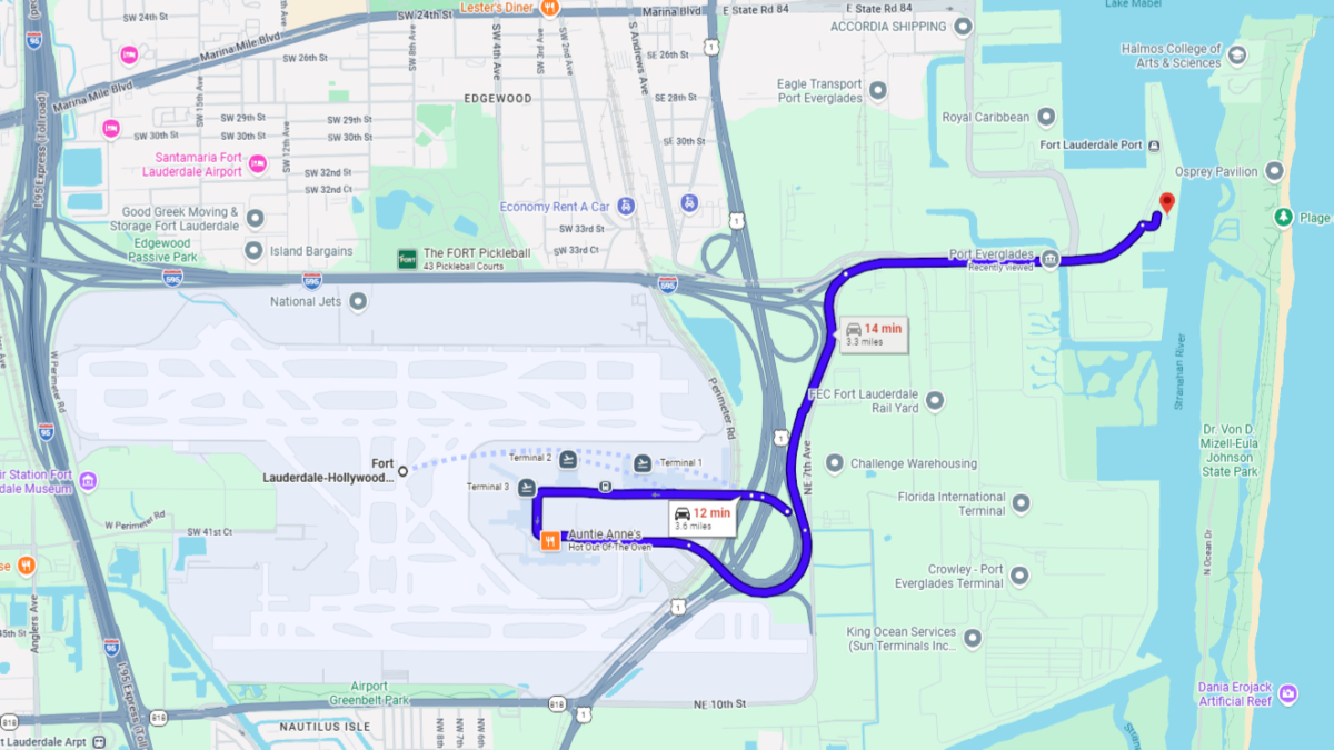Map showing route from Fort Lauderdale Airport to Port Everglades cruise port