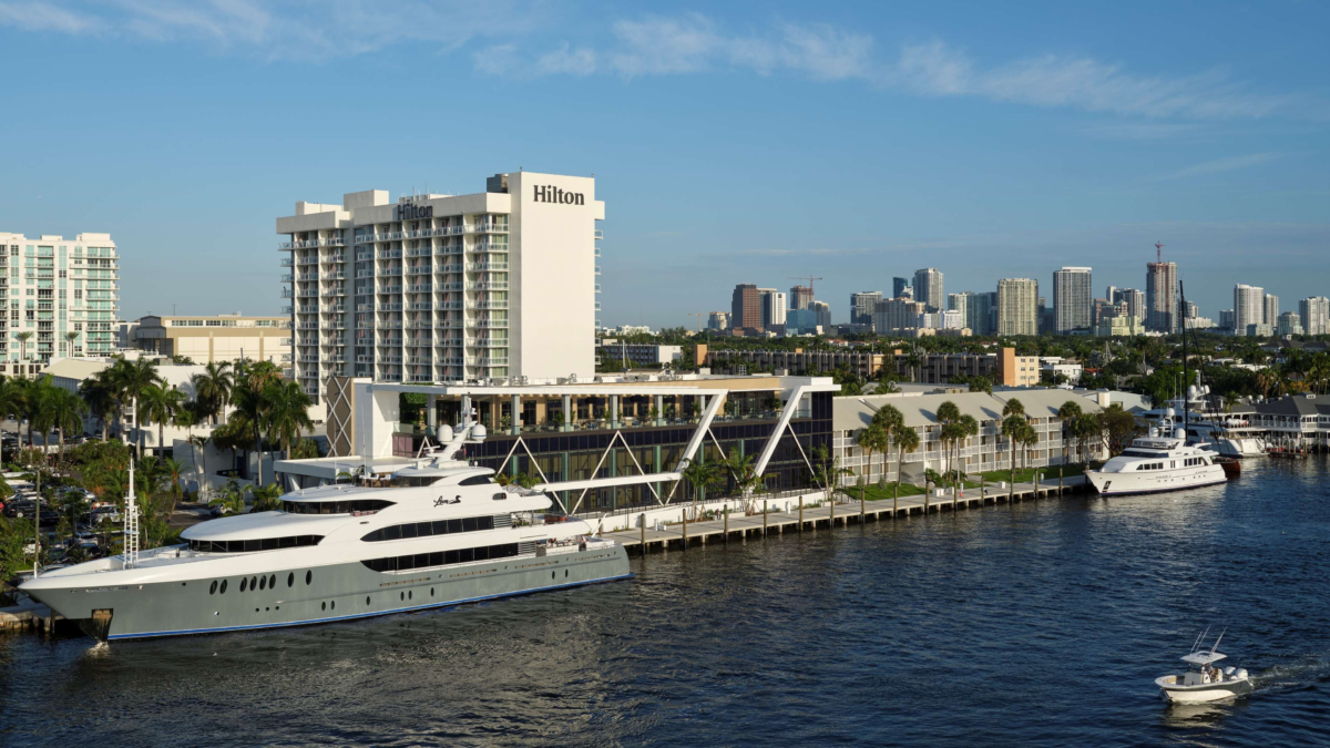 Hilton Fort Lauderdale Marina with yachts and downtown skyline